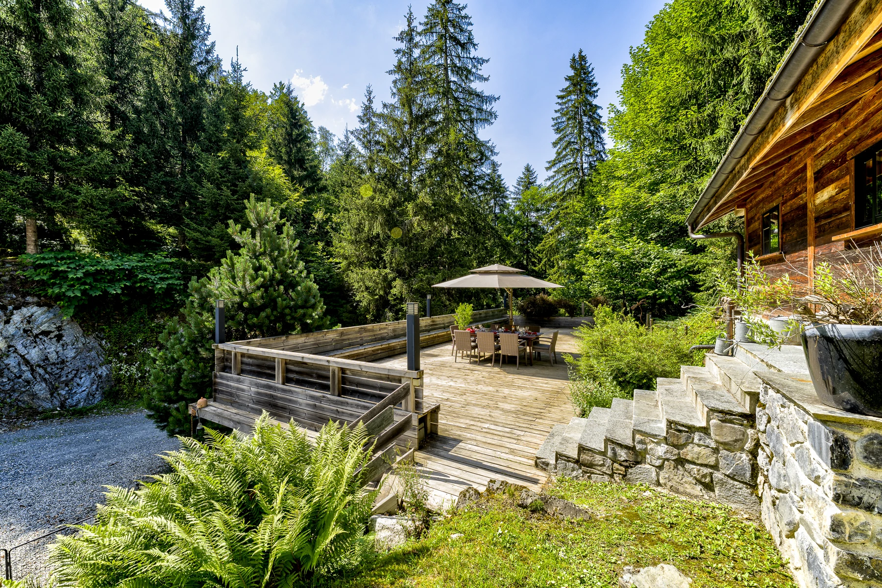 Photo de la terrasse, entourée de grands arbres