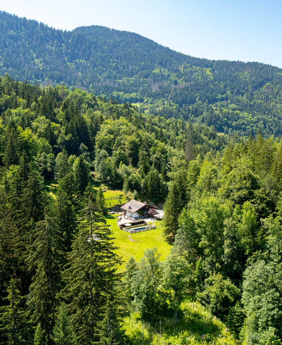 Chalet la Forêt Dormante vue de drône au coeur de sa forêt