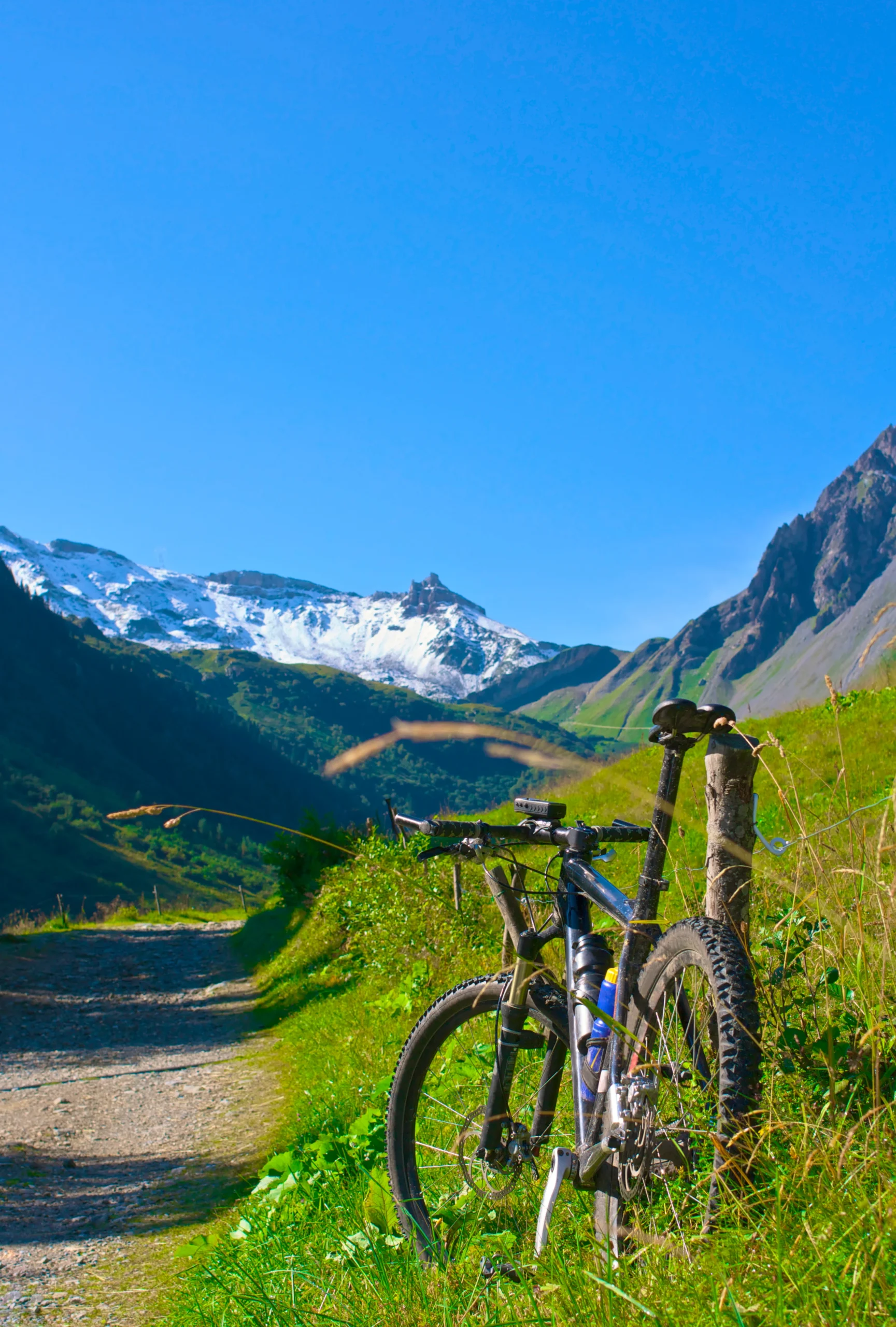 Photo d'un vélo posé sur l'herbe avec les montagnes en arrière-plan en journée de beau temps